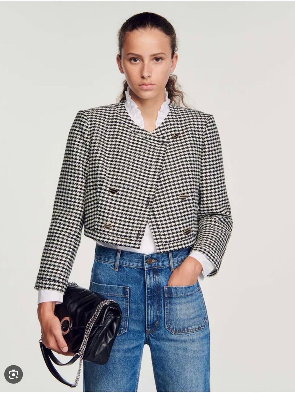 Sandro Cropped Houndstooth Double-Breasted Blazer - Black & White